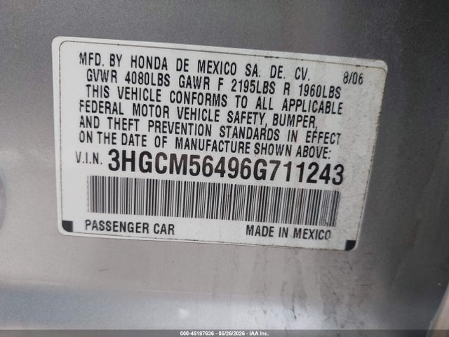 45187636 :رقم المزاد ، 3HGCM56496G711243 vin ، 2006 Honda Accord 2.4 Lx مزاد بيع