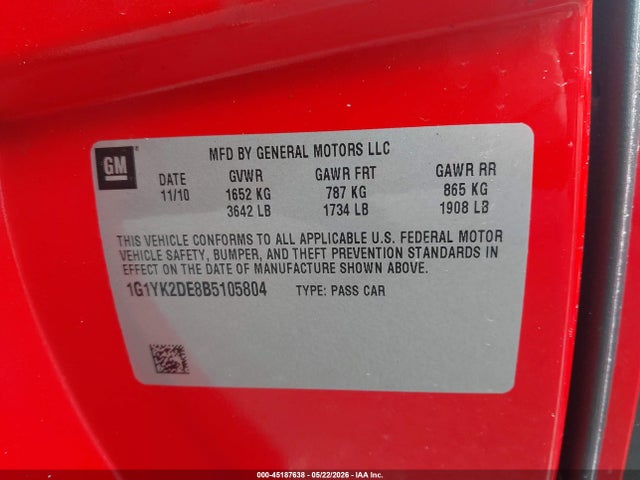 Aukcja sprzedaży 2011 Chevrolet Corvette Z06 Hardtop, vin: 1G1YK2DE8B5105804, numer aukcji: 45187638