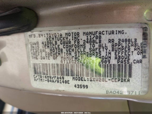 Aukcja sprzedaży 2001 Toyota Camry Ce, vin: 4T1BG22K61U036909, numer aukcji: 45187639