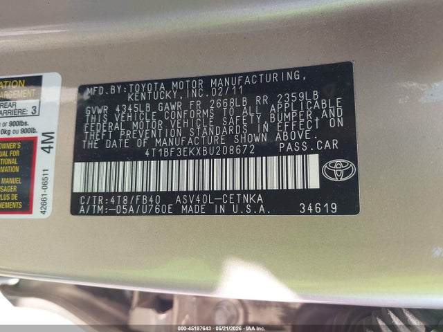 2011 Toyota Camry Le მანქანა იყიდება აუქციონზე, vin: 4T1BF3EKXBU208672, აუქციონის ნომერი: 45187643
