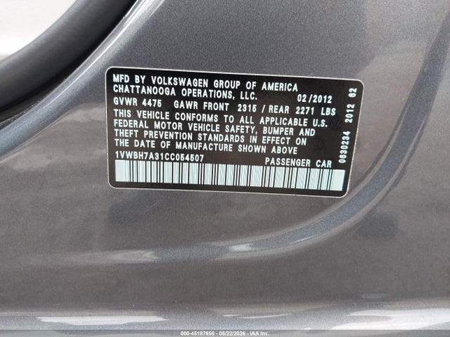 Aukcja sprzedaży 2012 Volkswagen Passat 2.5l Se, vin: 1VWBH7A31CC054507, numer aukcji: 45187650