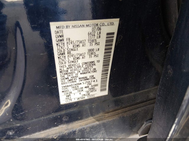 45187662 :رقم المزاد ، 1N6BA07A06N570741 vin ، 2006 Nissan Titan Xe مزاد بيع