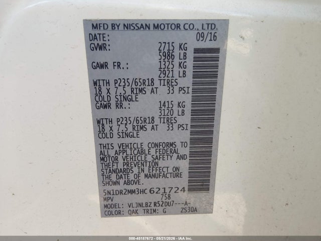 Aukcja sprzedaży 2017 Nissan Pathfinder S, vin: 5N1DR2MM3HC621724, numer aukcji: 45187672