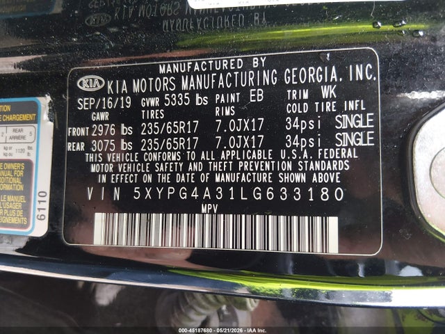 Aukcja sprzedaży 2020 Kia Sorento 2.4l L, vin: 5XYPG4A31LG633180, numer aukcji: 45187680