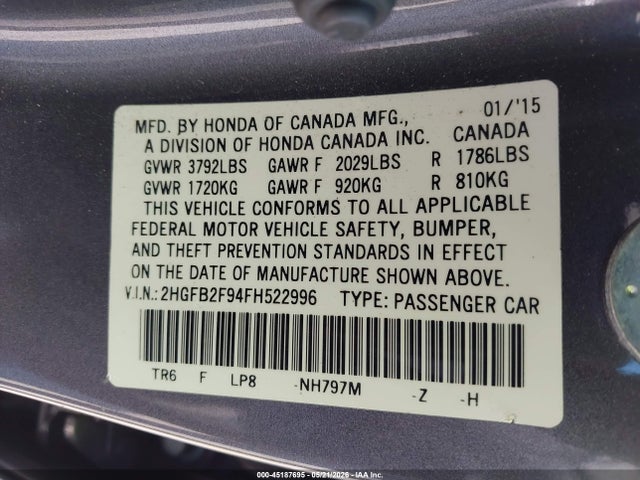 Продажа на аукционе авто 2015 Honda Civic Ex-l, vin: 2HGFB2F94FH522996, номер лота: 45187695
