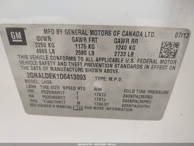 45187701 :رقم المزاد ، 2GNALDEK1D6413093 vin ، 2013 Chevrolet Equinox 1lt مزاد بيع