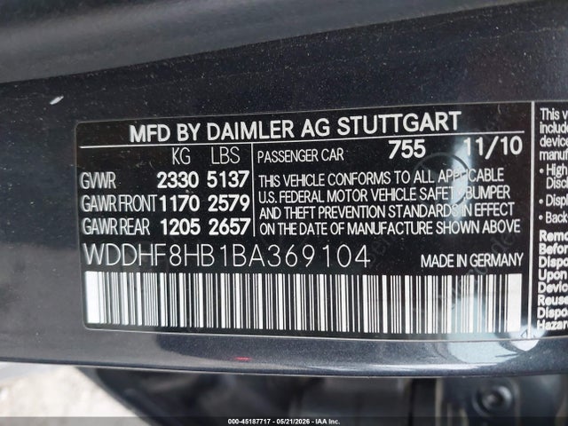 2011 Mercedes-benz E 350 4matic მანქანა იყიდება აუქციონზე, vin: WDDHF8HB1BA369104, აუქციონის ნომერი: 45187717