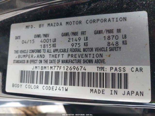 45187730 :رقم المزاد ، JM1BM1M77F1269674 vin ، 2015 Mazda Mazda3 I Grand Touring مزاد بيع