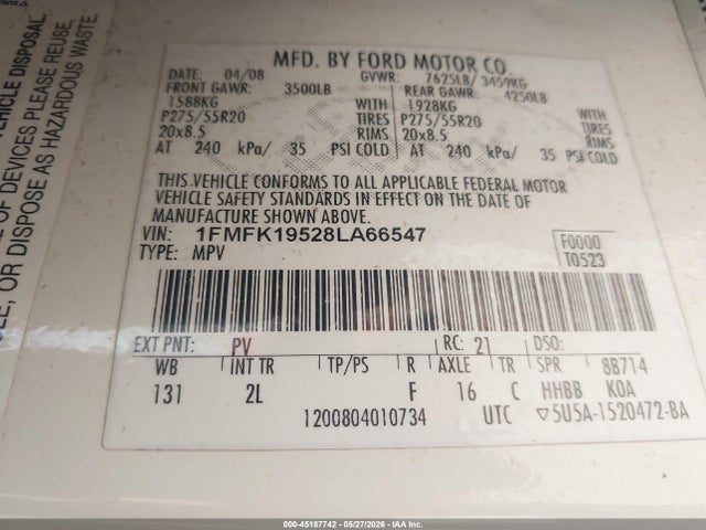 Aukcja sprzedaży 2008 Ford Expedition El Limited, vin: 1FMFK19528LA66547, numer aukcji: 45187742