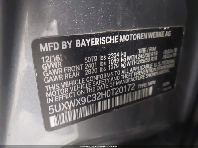 Aukcja sprzedaży 2017 Bmw X3 Xdrive28i, vin: 5UXWX9C32H0T20172, numer aukcji: 45187764