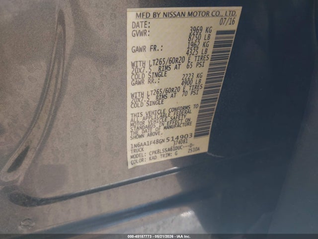 Aukcja sprzedaży 2016 Nissan Titan Xd Sv Gas, vin: 1N6AA1F48GN514903, numer aukcji: 45187773