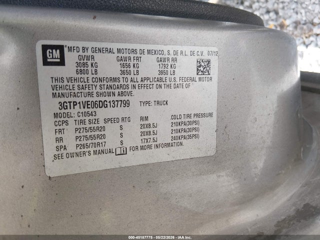 2013 Gmc Sierra 1500 Sle მანქანა იყიდება აუქციონზე, vin: 3GTP1VE06DG137799, აუქციონის ნომერი: 45187775