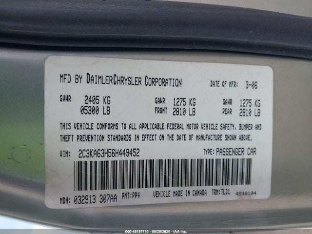 45187783 :رقم المزاد ، 2C3KA63H56H449452 vin ، 2006 Chrysler 300c مزاد بيع