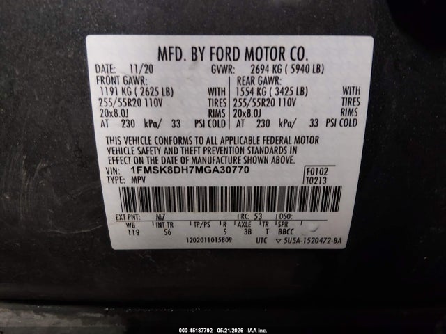 Aukcja sprzedaży 2021 Ford Explorer Xlt, vin: 1FMSK8DH7MGA30770, numer aukcji: 45187792