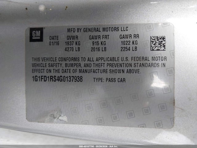 Aukcja sprzedaży 2016 Chevrolet Camaro 2lt, vin: 1G1FD1RS4G0137938, numer aukcji: 45187795