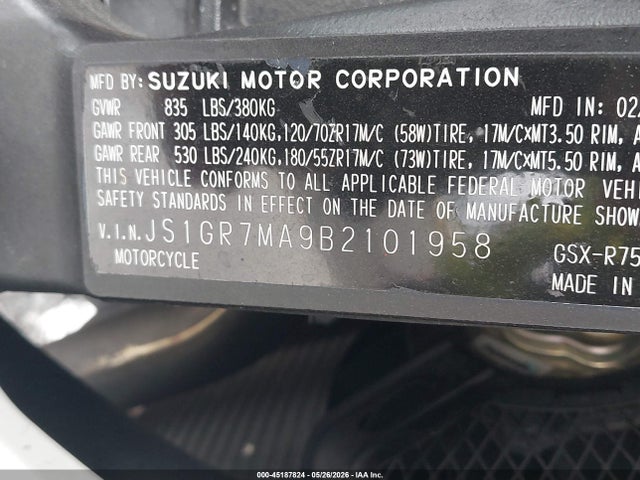 Aukcja sprzedaży 2011 Suzuki Gsx750, vin: JS1GR7MA9B2101958, numer aukcji: 45187824