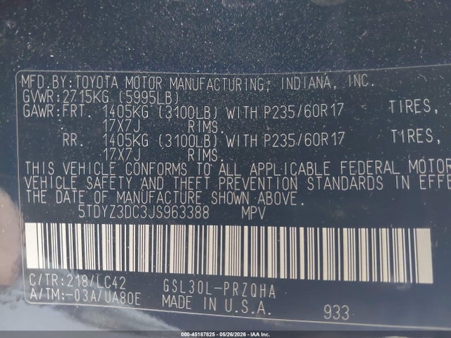 45187825 :رقم المزاد ، 5TDYZ3DC3JS963388 vin ، 2018 Toyota Sienna Xle 8 Passenger مزاد بيع