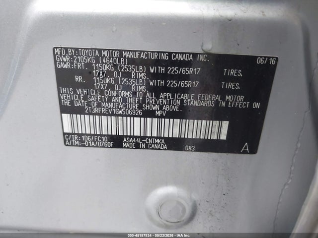 Продажа на аукционе авто 2016 Toyota Rav4 Xle, vin: 2T3RFREV1GW506926, номер лота: 45187834