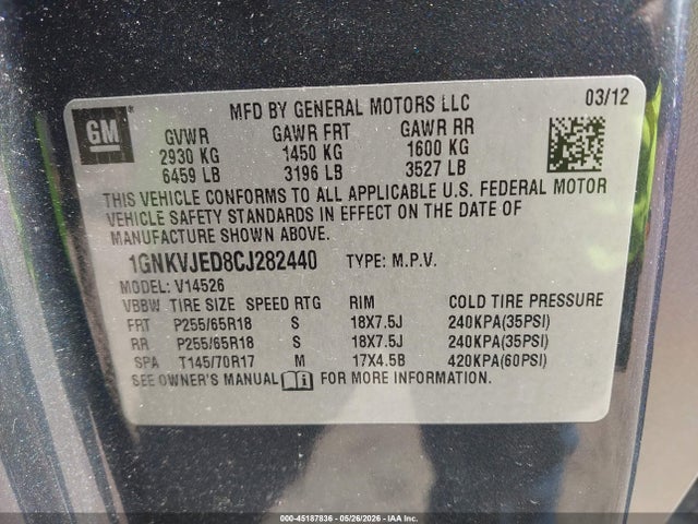2012 Chevrolet Traverse 2lt მანქანა იყიდება აუქციონზე, vin: 1GNKVJED8CJ282440, აუქციონის ნომერი: 45187836