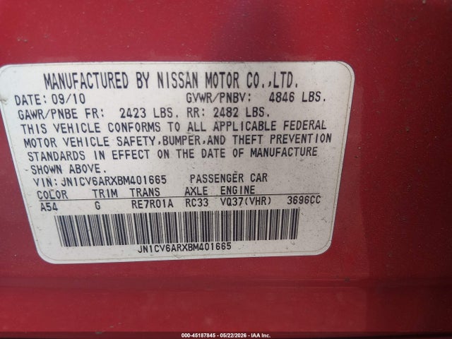 45187845 :رقم المزاد ، JN1CV6ARXBM401665 vin ، 2011 Infiniti G37x مزاد بيع