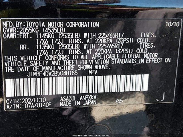 2011 Toyota Rav4 მანქანა იყიდება აუქციონზე, vin: JTMBF4DV2B5040185, აუქციონის ნომერი: 45187848