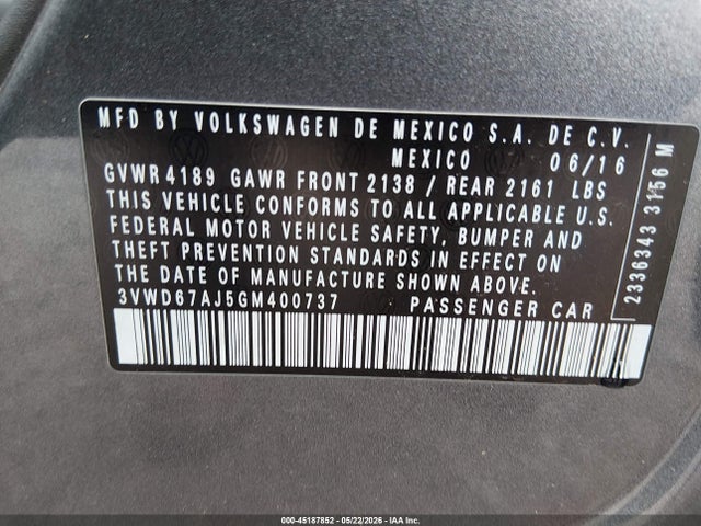 45187852 :رقم المزاد ، 3VWD67AJ5GM400737 vin ، 2016 Volkswagen Jetta 1.4t Se مزاد بيع