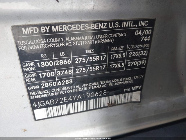 Aukcja sprzedaży 2000 Mercedes-benz Ml 430, vin: 4JGAB72E4YA190628, numer aukcji: 45187863
