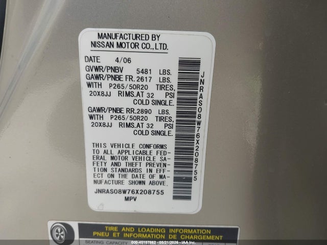 Aukcja sprzedaży 2006 Infiniti Fx35, vin: JNRAS08W76X208755, numer aukcji: 45187862