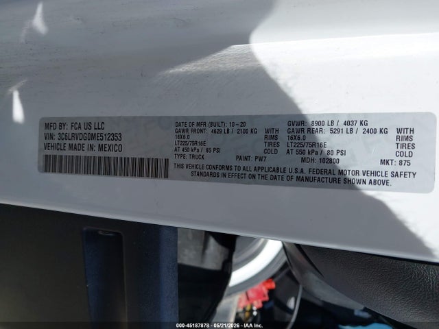 Продаж на аукціоні авто 2021 Ram Promaster 2500 High Roof 159 Wb, vin: 3C6LRVDG0ME512353, номер лоту: 45187878