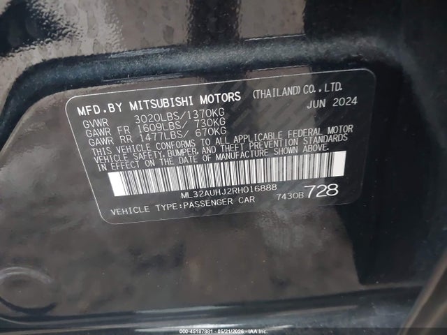 Aukcja sprzedaży 2024 Mitsubishi Mirage Es/le, vin: ML32AUHJ2RH016888, numer aukcji: 45187881