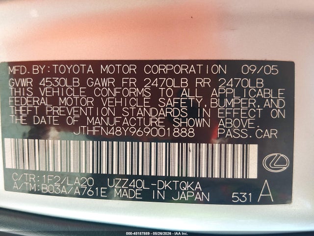 Продаж на аукціоні авто 2006 Lexus Sc 430, vin: JTHFN48Y969001888, номер лоту: 45187889