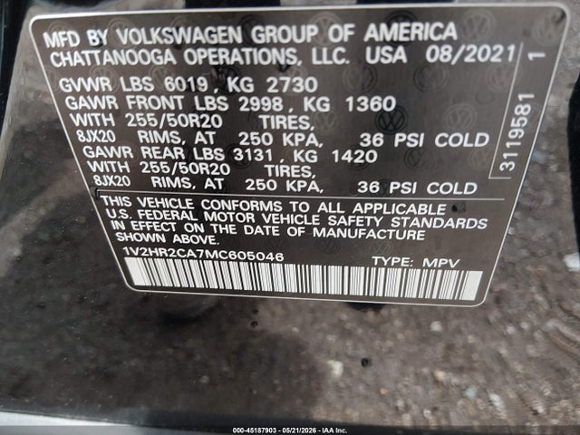 Продажа на аукционе авто 2021 Volkswagen Atlas 3.6l V6 Se W/technology, vin: 1V2HR2CA7MC605046, номер лота: 45187903