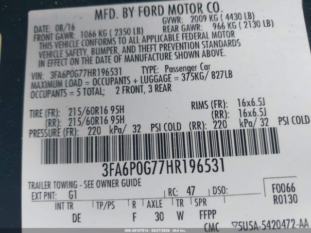 Продаж на аукціоні авто 2017 Ford Fusion S, vin: 3FA6P0G77HR196531, номер лоту: 45187914