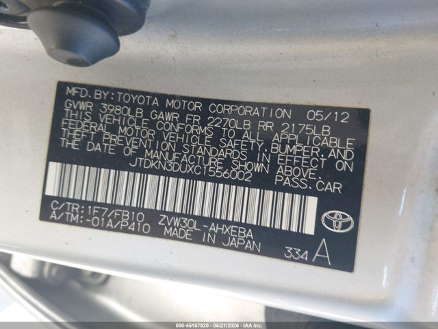 45187920 :رقم المزاد ، JTDKN3DUXC1556002 vin ، 2012 Toyota Prius Two مزاد بيع