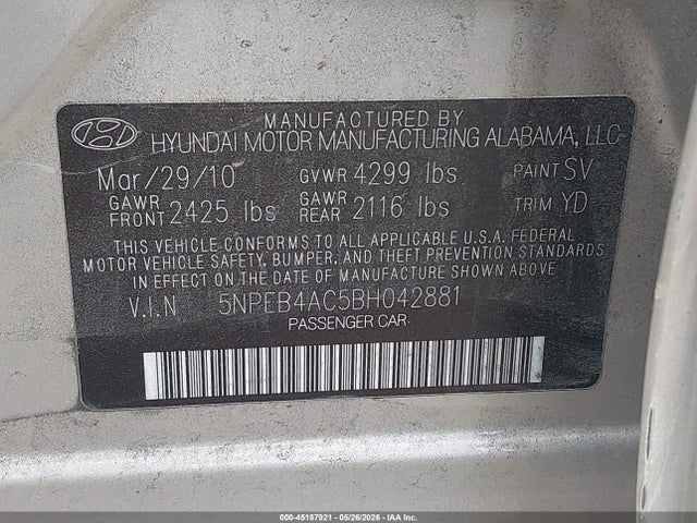 45187921 :رقم المزاد ، 5NPEB4AC5BH042881 vin ، 2011 Hyundai Sonata Gls مزاد بيع