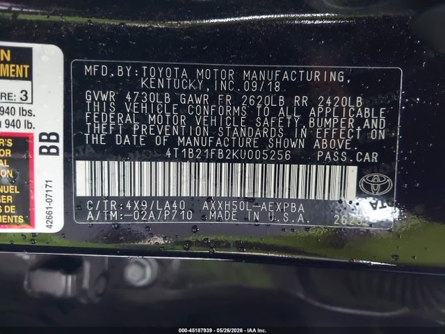 2019 Toyota Avalon Hybrid Limited მანქანა იყიდება აუქციონზე, vin: 4T1B21FB2KU005256, აუქციონის ნომერი: 45187939