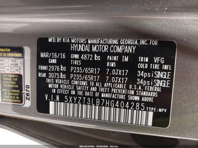 2017 Hyundai Santa Fe Sport 2.4l მანქანა იყიდება აუქციონზე, vin: 5XYZT3LB7HG404285, აუქციონის ნომერი: 45187940