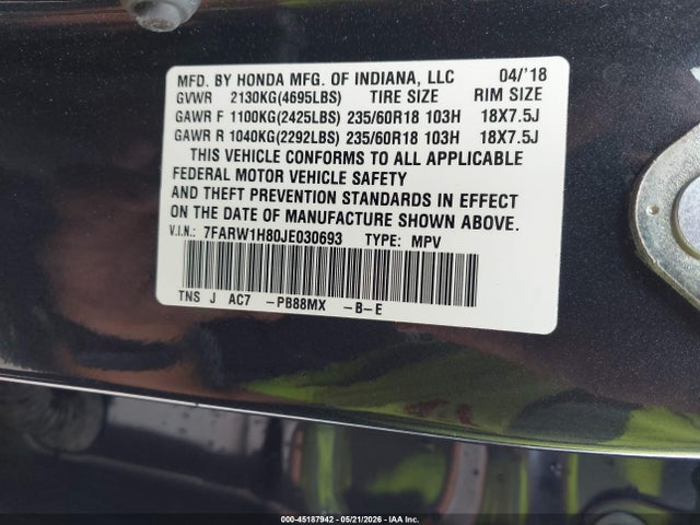 Продажа на аукционе авто 2018 Honda Cr-v Ex-l/ex-l Navi, vin: 7FARW1H80JE030693, номер лота: 45187942