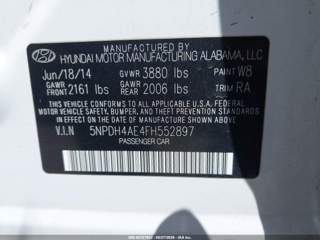 45187952 :رقم المزاد ، 5NPDH4AE4FH552897 vin ، 2015 Hyundai Elantra Se مزاد بيع