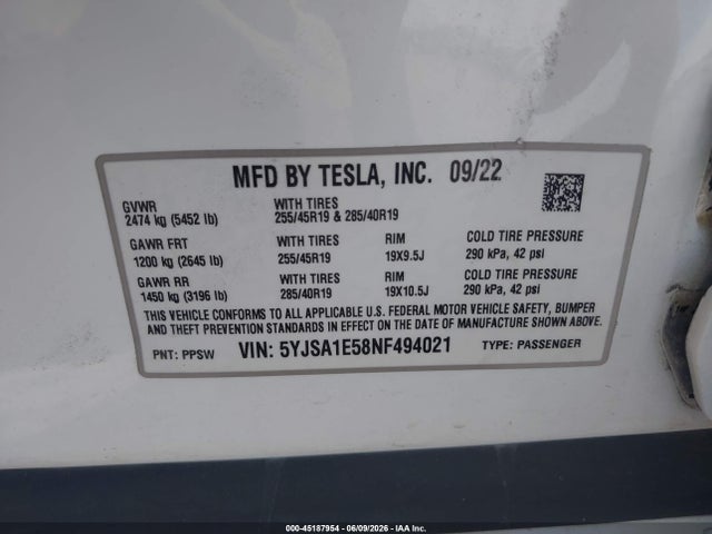 45187954 :رقم المزاد ، 5YJSA1E58NF494021 vin ، 2022 Tesla Model S Dual Motor All-wheel Drive مزاد بيع
