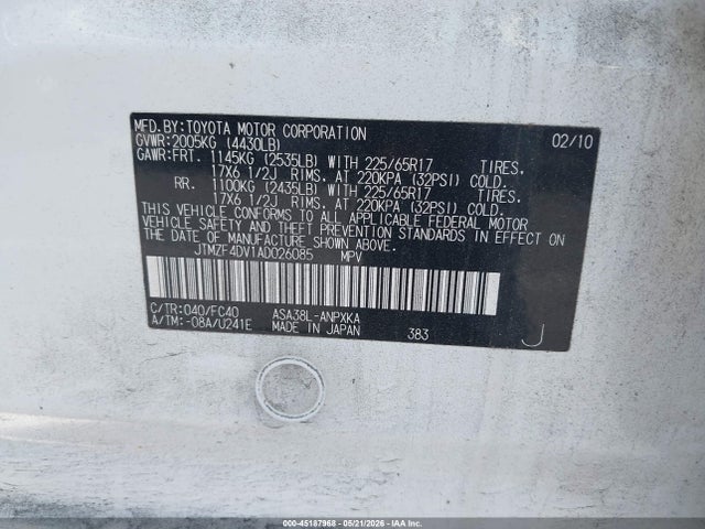 Aukcja sprzedaży 2010 Toyota Rav4, vin: JTMZF4DV1AD026085, numer aukcji: 45187968