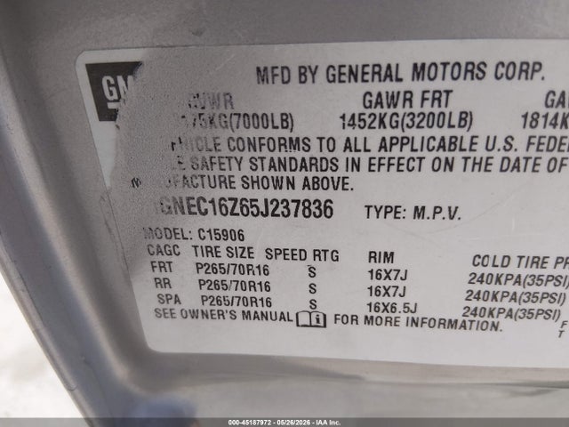 Продаж на аукціоні авто 2005 Chevrolet Suburban 1500 Ls, vin: 1GNEC16Z65J237836, номер лоту: 45187972