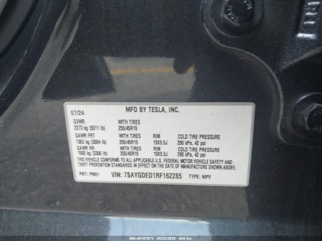Aukcja sprzedaży 2024 Tesla Model Y Long Range Single Motor Rear-wheel Drive/rwd, vin: 7SAYGDED1RF162285, numer aukcji: 45187973
