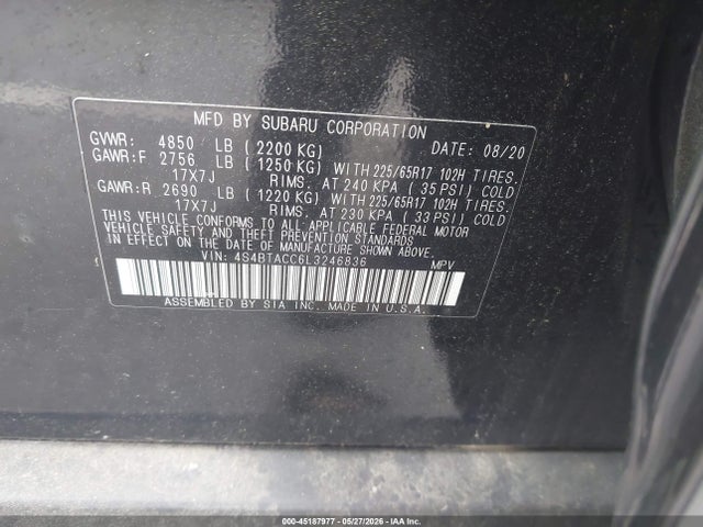 Aukcja sprzedaży 2020 Subaru Outback Premium, vin: 4S4BTACC6L3246836, numer aukcji: 45187977