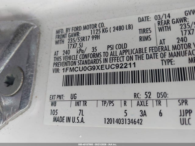 Продаж на аукціоні авто 2014 Ford Escape Se, vin: 1FMCU0G9XEUC92211, номер лоту: 45187985