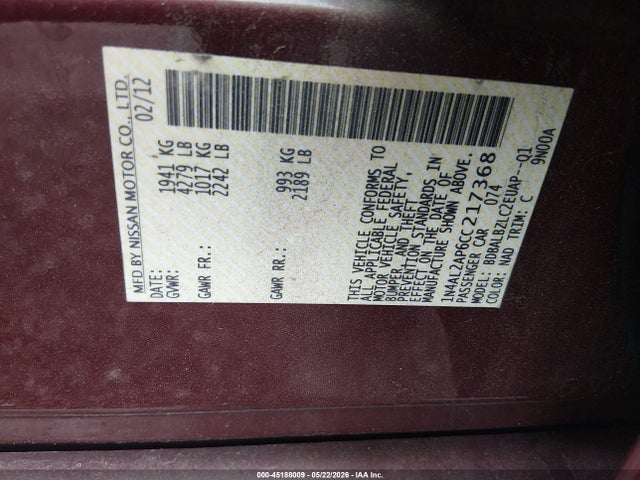Aukcja sprzedaży 2012 Nissan Altima 2.5 S, vin: 1N4AL2AP6CC217368, numer aukcji: 45188009