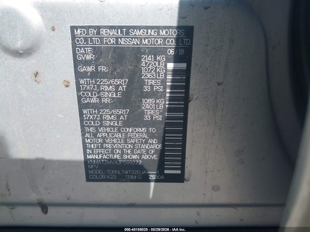 45188020 :رقم المزاد ، KNMAT2MVXJP599222 vin ، 2018 Nissan Rogue Sv مزاد بيع