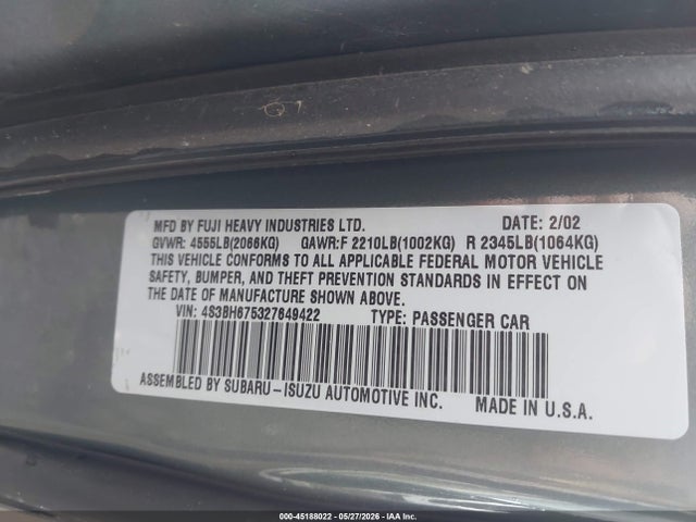 Продажа на аукционе авто 2002 Subaru Outback, vin: 4S3BH675327649422, номер лота: 45188022