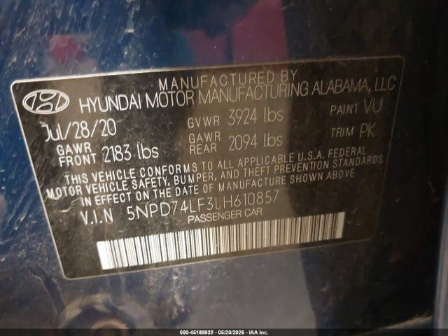 Продажа на аукционе авто 2020 Hyundai Elantra Se, vin: 5NPD74LF3LH610857, номер лота: 45188027
