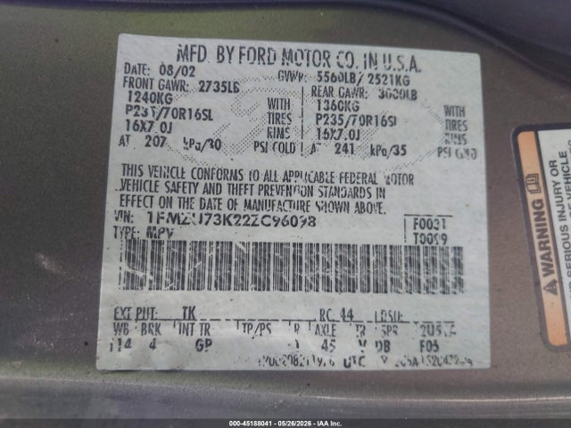 Продаж на аукціоні авто 2002 Ford Explorer Xlt, vin: 1FMZU73K22ZC96098, номер лоту: 45188041